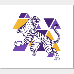 Retro Purple & Gold Tiger on the Attack // Vintage Geometric Shapes Background Posters and Art